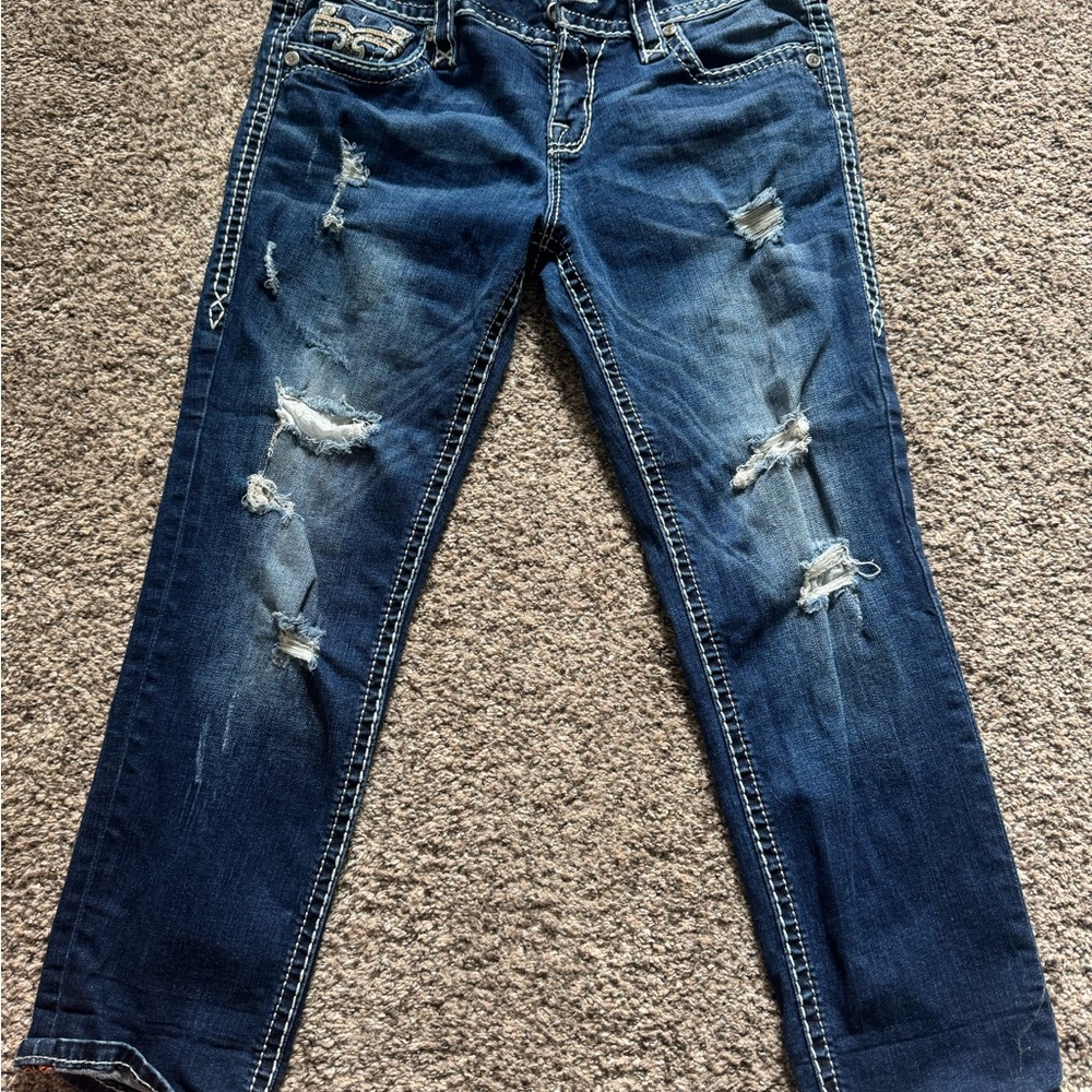 Rock Revival Blue Ankle Cropped Distressed Jeans